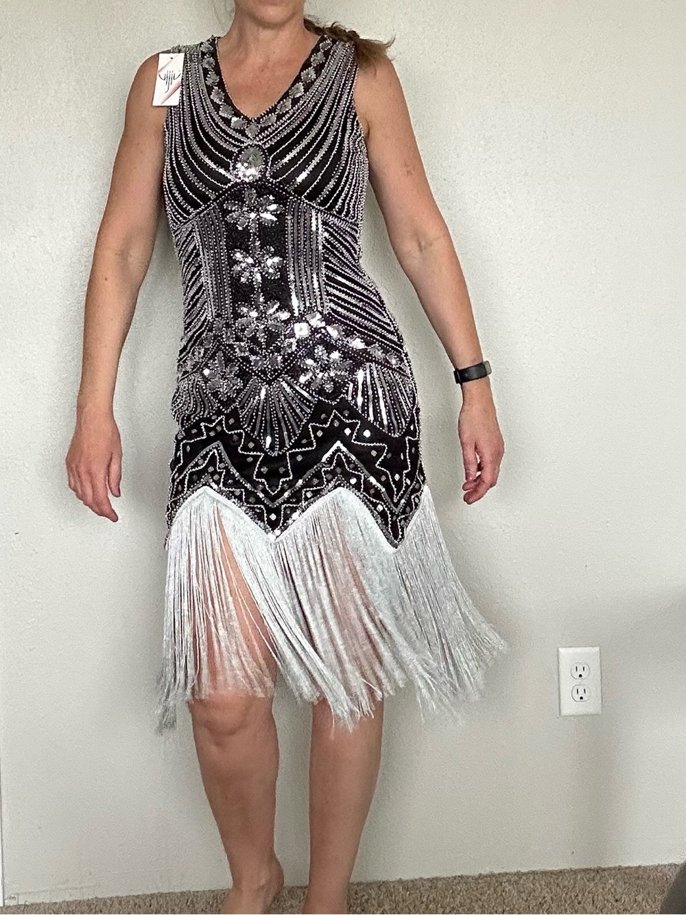 Black and silver beaded fringe 1920s flapper dress